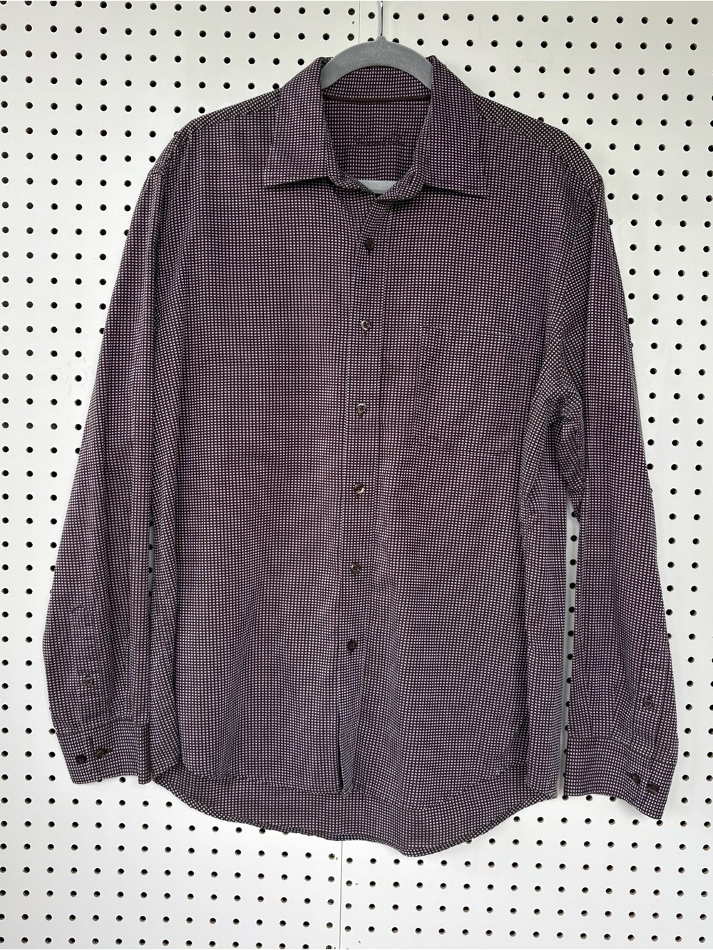 Tasso Elba Men’s Dark Brown Micro-Check Dress Shirt Size L 16-16 1/2 Neck Size